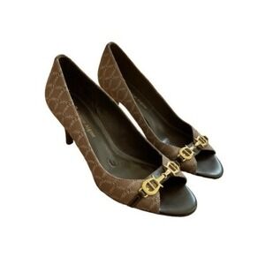 Vintage Etienne Aigner Cherise Logo Print Peep-Toe Heels Brown Open Toe 6.5